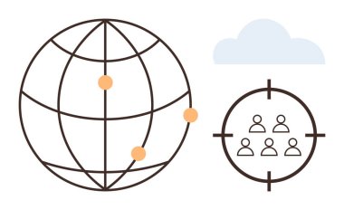 Yer belirleyici işaretleri olan bir dünya, hedef tahtası olan bir grup insan ve bulut. İletişim, ağ oluşturma, veri analizi, pazarlama, takım çalışması strateji kavramları için idealdir. Basit düz metafor