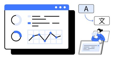 Veri analiz konsepti. Grafikler, grafikler ve görseller üzerinden veri analizi. Veri analizi ile küresel iletişim için dil çeviri araçları birleştirildi. İş, analitik, eğitim, dil