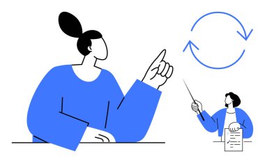 Bir başkası bir belgeye gönderme yaparken, biri yukarı doğru dairesel akış şemasını işaret ediyor. Takım çalışması, süreç, rehberlik, iş akışı, koçluk, planlama, eğitim için ideal basit düz metafor