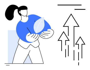 Sürdürülebilirlik, büyüme, çevre dostu uygulamalar, çevre bilinci, ilerleme, yenilenebilir kaynaklar. Yukarı doğru ok atan bir kadın. Sürdürülebilirlik ve çevre dostu uygulamalar