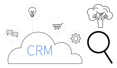 Bulut içinde CRM, ampul, sohbet baloncukları, alışveriş arabası, vites, ağaç, büyüteç. Müşteri yönetimi, e-ticaret yenilikçiliği iletişim arama otomasyonu ortamı için ideal