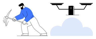 Kripto para birimi, engelleme zinciri, dijital madencilik, bulut depolama, finansal teknoloji, kaynak çıkarma. Terazinin yanında kazma ve bulut tutan bir işçi. Kripto para birimi ve engelleme zinciri kavramları