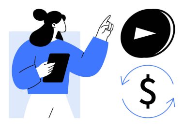 İçerik oluşturma, video monetizasyonu, dijital strateji, çevrimiçi gelir, pazarlama, teknoloji. Elinde tablet olan bir kadın, bir oyun düğmesi ve dolar sembolünü işaret ediyor. İçerik oluşturma ve video