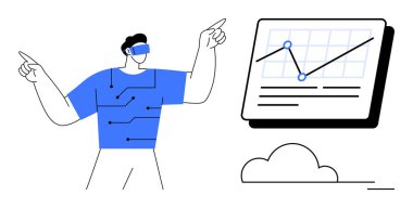 VR kulaklık takan şahıs, çizgiler ve veri noktalarıyla etkileşimli grafik arayüzüne bağlanıyor. Teknoloji, yenilik, veri analizi, VR, artırılmış gerçeklik, bağlantı, fütürist