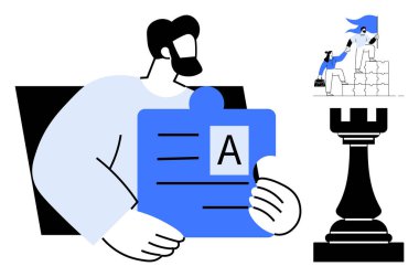 İş stratejisi, eğitim planı, takım oluşturma, kişisel büyüme, liderlik, başarı kavramları. Elinde kağıt tutan adam, satranç kalesi ve tırmanan karakterler. Liderlik ve strateji