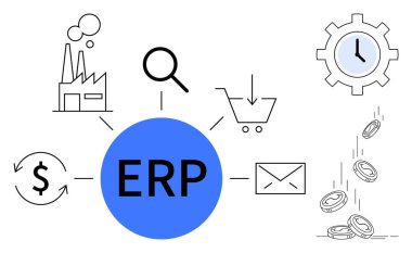 İş yönetimi, süreç optimizasyonu, kaynak tahsisi, girişim çözümleri, sistem entegrasyonu, tedarik zinciri. İşlevler için çevresindeki simgelerle merkezi ERP simgesi. İş yönetimi