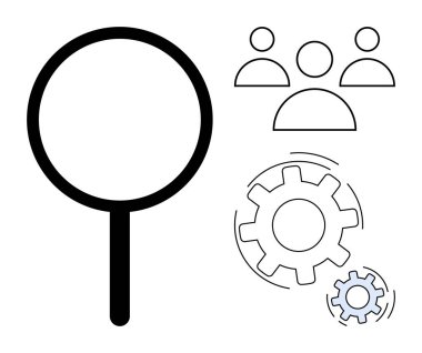 İnsan kaynakları, iş arama, süreç verimliliği, takım çalışması, optimizasyon, analiz. Büyüteç, insanlar ikonlar ve vitesler. İnsan kaynakları ve iş araması görseller aracılığıyla yapıldı