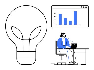 Veri analiz konsepti. Eko-temalı sembollerle birlikte grafikler ve grafiklerle gösterilen veri analizi bir ampulü parmakla gösteriyor. Veri analizi verimliliği artırır ve verimliliği destekler