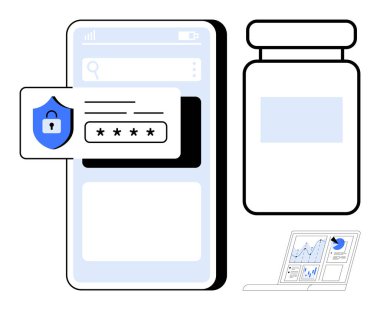 Siber güvenlik, sağlık verileri, dijital kayıtlar, gizlilik koruması, analitik, teknoloji yönetimi. Kalkan simgesi, şişe ve veri tabanlı dizüstü bilgisayarı olan mobil cihaz. Siber Güvenlik