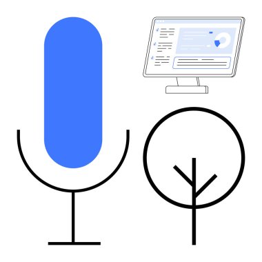 Ses tanıma, yapay zeka geliştirme, teknoloji arayüzleri, çevresel farkındalık, veri analizi, dijital dönüşüm. Mavi mikrofon, veri tabloları ve soyut ağaç sembollü ekran. Ses.