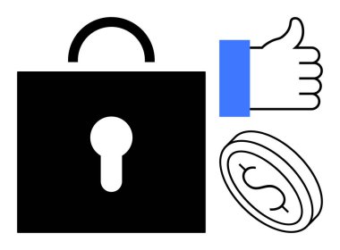 Güvenlik kavramı. Kilit, onay ve para sembolü finansal güvenlik, güvenlik güvencesi ve güvenilirlik. Fintech, online bankacılık, onay süreci iş güvencesi ve veri güvenliği için