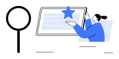 Kullanıcı deneyimi, geri bildirim değerlendirmesi, çevrimiçi arama, dijital araçlar, internet navigasyonu, uygulama kullanımı. Bir insan içerik ve yıldız gösteren bir tabletle etkileşime girer. Geri bildirim değerlendirmesi ve çevrimiçi