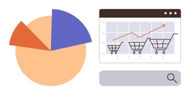 Turta tablosu, alışveriş arabalarıyla e-ticaret büyüme tablosu ve arama barı. Analiz, pazarlama, e-ticaret, strateji, iş trendleri için ideal online alışveriş finansal büyüme. Basit düz metafor