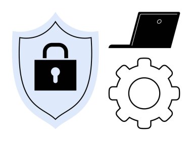 Siber güvenlik, veri güvenliği, teknoloji, şifreleme, dijital koruma, gizlilik. Kilitli mavi kalkan, siyah dişli ve dizüstü bilgisayarlı. Siber güvenlik ve veri güvenliği kavramları