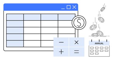 Bütçe planlaması, mali yönetim, muhasebe, iş stratejisi, maliyet analizi, yatırım. Üzerinde bir dolar işareti olan hesap tablosu, yıllık ve düşen paralar yazan takvim. Bütçe planlaması