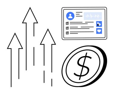 Finansal büyüme, iş analizi, teknoloji, kullanıcı verileri, ekonomi, kâr artışı. Yukarı bakan oklar, profil arayüzü ve dolar sembolü. Mali büyüme ve iş analizi kavramı