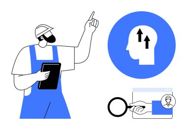 Yetenek geliştirme konsepti. Bir işçi olarak beceriler D çözümleri tabletle analiz eder, profesyonel ortamlarda problem çözme kapasitesini artırır. Eğitim, iş, yenilik, insan kaynakları için