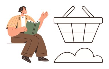 Sakince oturmuş kitap okumaya dalmış bir adam minimum bir alışveriş sepeti ve bulutun yanında. Eğitim, eğlence, alışveriş, öğrenme, yaratıcılık, farkındalık, yaşam tarzı için idealdir. Basit düz metafor