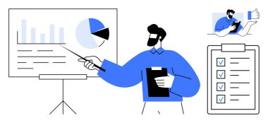 İş stratejisi, görev yönetimi, üretkenlik, analitik, sunum, takım çalışması. Verileri grafik ve grafiklerle sunan adam. İş stratejisi ve görev yönetimi kavramı