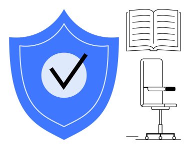 Veri güvenliği, eğitim, işyeri politikaları, araştırma, gizlilik protokolleri, kullanıcı denetimi. İşaretli mavi kalkan, açık ofis koltuğu. Veri güvenliği ve eğitim kavramları