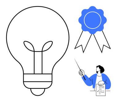 Fikirleri sembolize eden ampul, başarı için kurdele, belgeyi sunan kişi. Yenilik, eğitim, sertifika, yaratıcılık, liderlik başarı stratejisi görselleştirme için idealdir. Çok basit.