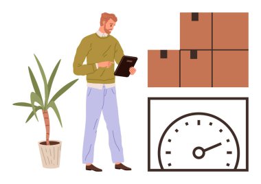 Saksı fabrikası ve kilometre sayacının yakınındaki kutuları değerlendirmek için pano kullanan bir adam. Lojistik, envanter, yönetim, verimlilik, tedarik zinciri, verimlilik ve organizasyon için ideal. Basit düz metafor