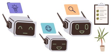 Kavramları ifade eden çoklu robotlar fikir üretimini, web etkileşimini ve görev tamamlanmasını bir ampul, büyüteç, pano ve bir kontrol listesi ikonlarıyla destekliyor. Yapay zeka yeniliği için ideal