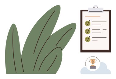 Kontrol listesi, yeşil çekler, bulutların üstündeki kupa, büyük yaprak. Üretkenlik, hedef belirleme, başarı, büyüme, planlama motivasyon tanıma için idealdir. Basit düz metafor