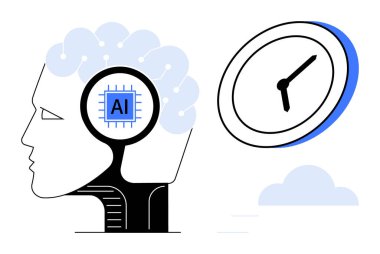 Yapay zeka, zaman yönetimi, teknoloji ilerlemesi, makine eğitimi, yenilikçi çözümler, sinirsel işleme. Kafasında yapay zeka mikroçip ve analog saat var. Yapay zeka ve zaman