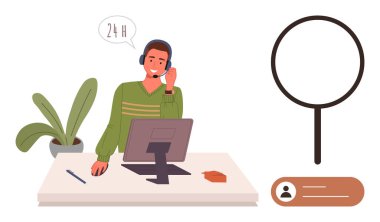 Kulaklığı olan bir ofis çalışanı bilgisayar, büyüteç, kullanıcı profili ve konuşma balonu kullanıyor. Müşteri hizmetleri için ideal, 24 saatlik yardım, iletişim, verimlilik, dijital destek ekip çalışması