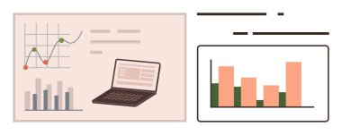 Bar çizelgeleri, çizgi grafikleri ve verili laptop, analitik ve piyasa araştırmalarını temsil ediyor. İş, finans, veri görselleştirme, teknoloji eğitimi büyüme verimliliği için idealdir. Basit düz