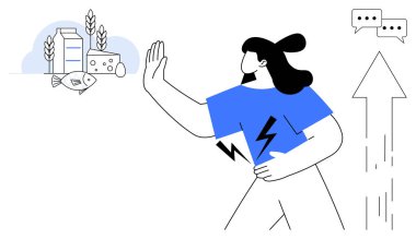 Yiyeceğe duyarlılık, alerji, sağlıklı yaşam tarzı, karar verme, diyet kontrolü, iletişim. Süt ürünlerine ve balıklara hayır diyen bir kadın. Yiyecek dayanıksızlığı ve alerji konsepti