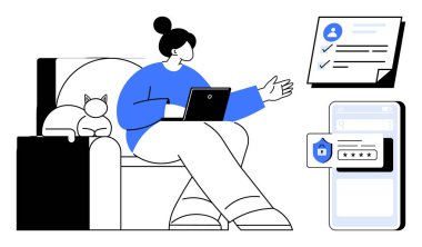 Bilgisayarda çalışan bir adam, elinde evrakları olan bir kedi ve güvenlik özelliklerini gösteren bir akıllı telefon ile. Kimlik doğrulama, güvenlik, teknoloji, ev ofisi, mahremiyet, dijital yardım için ideal