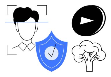 Kimlik doğrulama, teknoloji, siber güvenlik, medya yayını, çevre koruma, veri güvenliği. Kafa, kalkan, çalma düğmesi ve ağaç taslağı. Kimlik doğrulama ve teknoloji