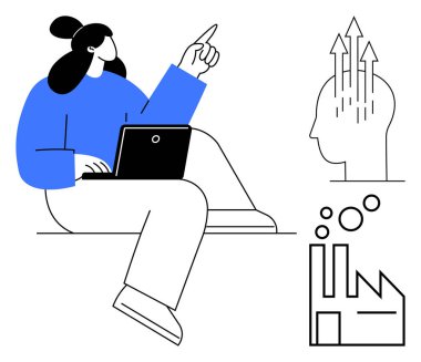 İş büyümesi konsepti. İş fikirleri ve dizüstü bilgisayarlı yenilik, yukarı doğru ok başı ve fabrika ikonları. Girişimler için teknoloji, yenilik, süreç ve stratejideki iş büyümesi