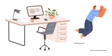 Ofis masası bilgisayar, kağıt, bitki ve sandalyeyle donatılırken bir adam büyük elleriyle enerjik bir şekilde zıplıyor. Stres, kaçış, iş hayatı dengesi, yaratıcılık özgürlüğü hırsı, mizah için ideal