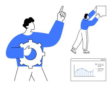 Takım çalışması konsepti. Takım çalışması, görevler ve veri analiz unsurları üzerinde çalışan stilize figürlerle resmedilmiştir. Üretkenlik, planlama ve yenilikte işbirliğini teşvik eden takım çalışması. İş için.