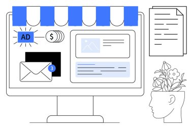 Çevrimiçi reklamlı masaüstü ekranı, e-posta bildirimi, finansal simgeler, web sayfası tasarımı, çiçekli yaratıcı beyin ve belge. Pazarlama, reklam, yaratıcılık e-ticaret için ideal