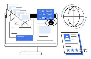 E- postalı bilgisayar ekranı, ikili kod, göz simgesi, dünya ve yıldız dereceli kullanıcı profili. Teknoloji, iletişim, siber güvenlik, veri gizlilik analitiği, ağ oluşturma için ideal