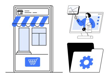 E-ticaret konsepti. E-ticaret bir sanal mağaza önü, analitik sunum ve vites ayarlama klasöründen geçiyor. Çevrimiçi alışveriş, veri görselleştirme, pazarlama için e-ticaret araçları