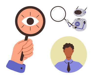 El ele tutuşan gözlüklü büyüteç, daha küçük mercekli yapay zeka robotu ve resmi kıyafetli profesyonel avatar. Takım çalışması, teknoloji, araştırma, yenilik, yapay zeka vizyon analizleri için idealdir. A
