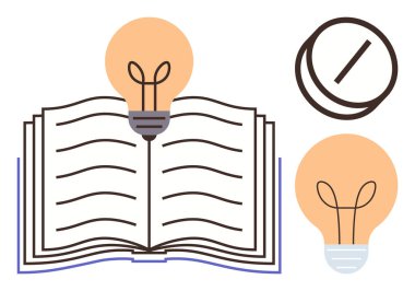 İçinde iki parlayan ampul ve eğitim, yaratıcılık ve finansal anlayışı gösteren bir madeni para olan açık bir kitap. Öğrenme, ilham, büyüme, problem çözme, okur yazarlık ve keşif için ideal