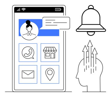 Dijital iletişim. Mesajlar, sohbet, navigasyon ve bildirimler için akıllı telefon arayüzü simgeleri. Dijital iletişim kullanılabilirliği, kullanıcı etkileşimini ve bağlantıyı teşvik eder. Uygulama teknolojisi için