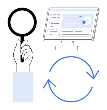 Veri analizleri, işlem yönetimi, araştırma, bilgi araması, iş akışı optimizasyonu, yineleme süreçleri. Büyüteçli el, dairesel oklu bilgisayar ekranı. Veri analizleri