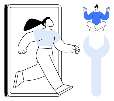 Teknoloji, kişisel gelişim, yenilik, dijital araçlar, kişisel gelişim, modern hayat. Telefondan çıkan biri ve ingiliz anahtarının üzerinde meditasyon yapan biri. Teknoloji ve kişisel büyüme kavramı