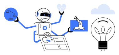 Yapay zeka, robot bilimi, otomasyon, etik teknoloji, yenilik, sağlık çözümleri. Robot pullarla, kalp mekanizmalarıyla ve fikir ampulleriyle etkileşime giriyor. Yapay zeka teknolojisi ve robot bilimi