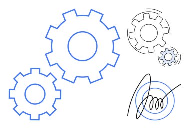 Otomasyon, iş akışı, takım çalışması, mühendislik, süreç yönetimi, yenilik. Üç iç içe geçmiş vites sembolü ve soyut çizgiler. Mekanik ve soyut elementlerle otomasyon ve iş akışı kavramları
