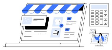 E-ticaret konsepti. E-ticaret bir online mağaza önü, alışveriş arabası araçları ve veri analizi üzerinden vurgulandı. Dijital perakende, çevrimiçi mağazalar, işletme yönetimi, web satışları için e-ticaret