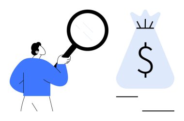 Dolar sembollü para çantasını incelemek için büyüteç kullanan kişi mali değerlendirmeyi, yatırım fırsatlarını, iş büyümesini, denetlemeyi ve tasarrufları temsil ediyor. Finans için ideal