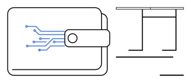 Kripto para birimi, engelleme zinciri, e-ticaret, dijital ödemeler, finansal teknoloji, çalışma ortamı. Dijital devre çizgileri ve minimalist masa taslağı olan bir cüzdan. Kripto para birimi ve engelleme zinciri